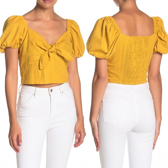 NWT Band of Gypsies Boho Yellow Tie Front Short Balloon Sleeves Linen Top, XS - Picture 2 of 7